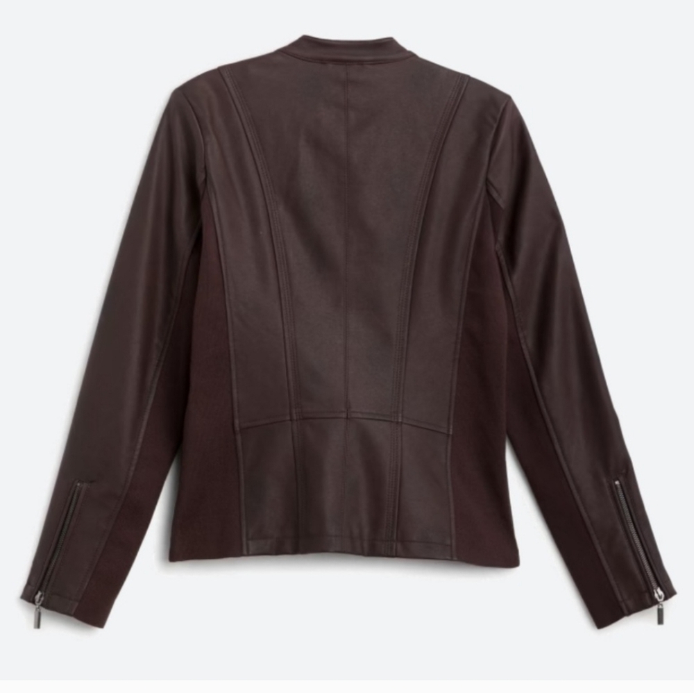NEW Mo-Ka Faux Leather Jacket Lined Zip Pockets Chocolate Burgundy Plum Small - Picture 4 of 16